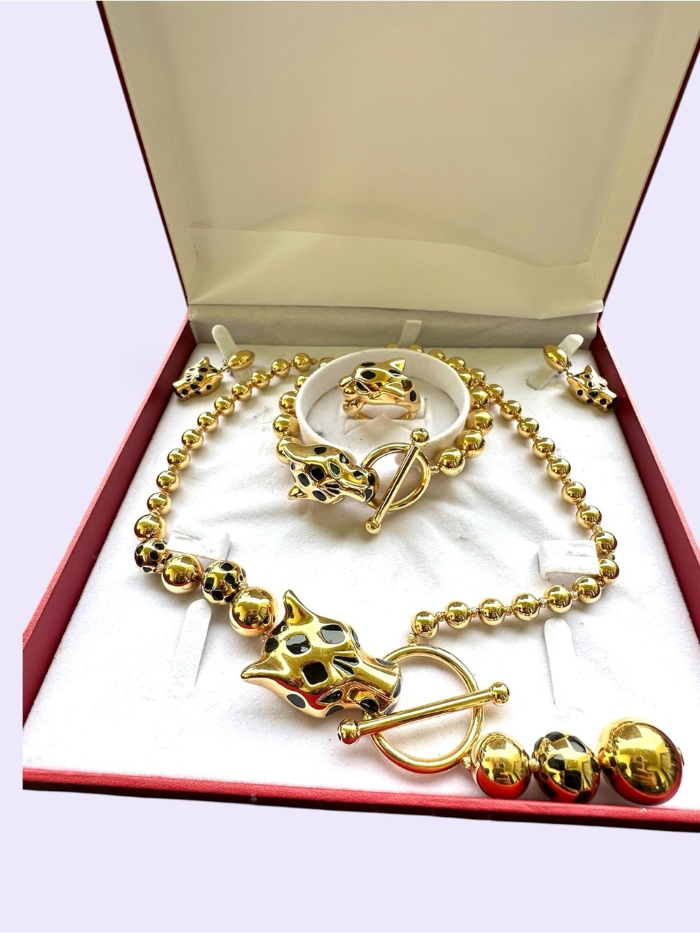 Brand New 18K Yellow Gold Feline Jewelry Set with Emerald Eyes (70g)